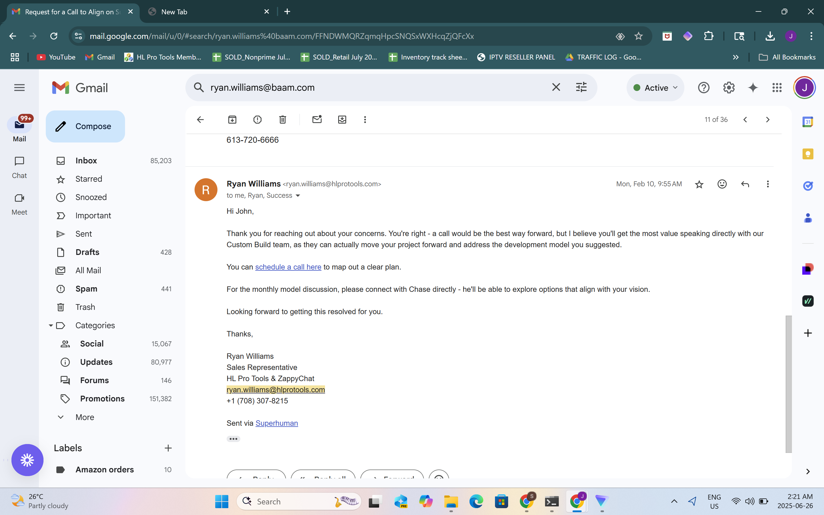 HL Pro Tools Email from Ryan Williams (HLPT) - Customer Service Response